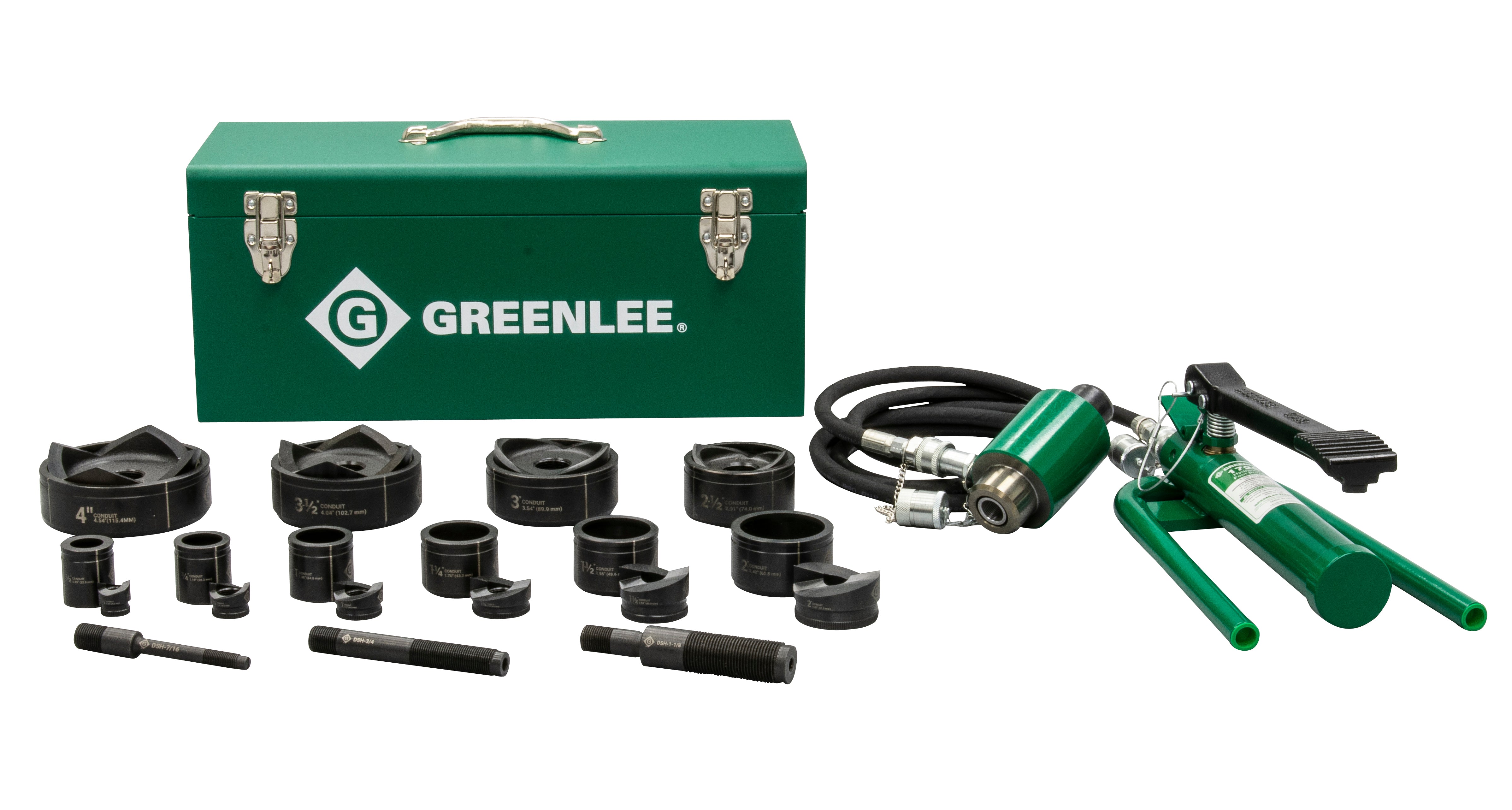 Kit de sacabocado hidráulico de 11 toneladas con bomba de pie y Slug-Buster de 1/2 pulg. a 4 pulg. Greenlee - Sacabocados